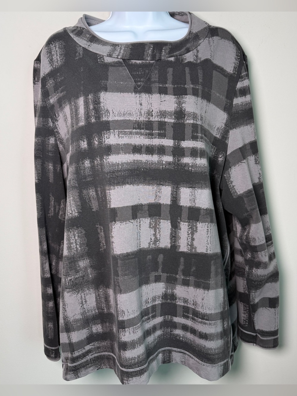 Vetono Abstract Plaid Cotton Modal Tunic Top Gray Long Sleeve Lagenlook (Size M)